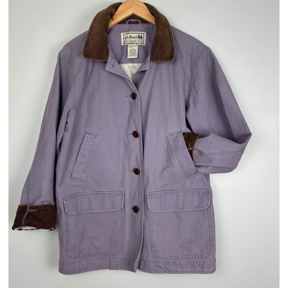 LL Bean Barn Chore Jacket Womens L Petite Purple Canvas vintage Corduroy Trim